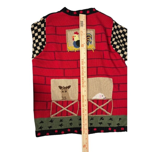 Vtg Quacker Factory Cardigan Sweater L Farm Animal Countrycore Chicken Horse Pig - Picture 3 of 7